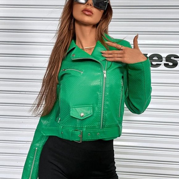 Green Zipper up Grommet Buckle Moto Jacket minimalist - Picture 3 of 6